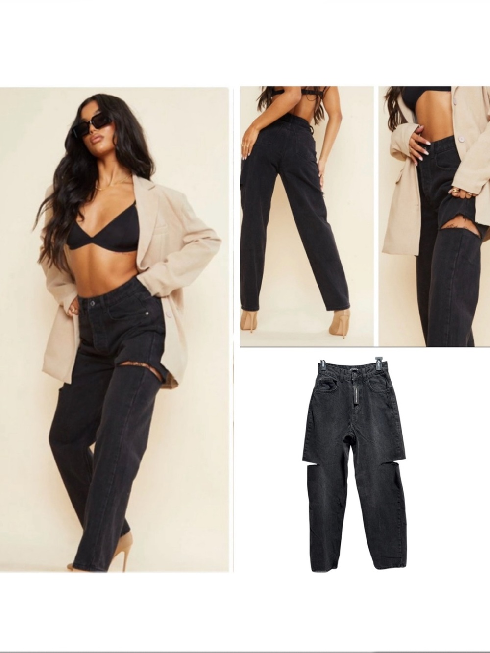 NWT Pretty Little Thing Washed Black Thigh Split Boyfriend Jeans